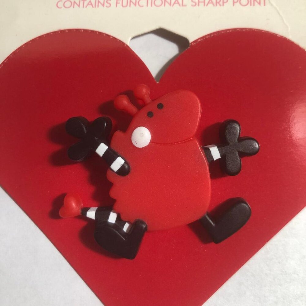 New Vintage Hallmark Valentines Lapel Pin Love Bug Hug 80’s Red Heart Brooch